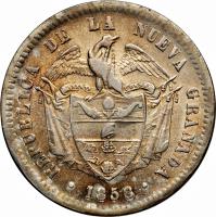 obverse of 1 Peso (1855 - 1858) coin with KM# 118 from Colombia. Inscription: REPUBLICA DE LA NUEVA GRANADA 1858