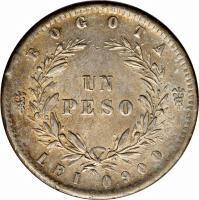reverse of 1 Peso (1855 - 1858) coin with KM# 118 from Colombia. Inscription: BOGOTA UN PESO LEI 0.900