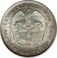 reverse of 50 Centavos (1888 - 1908) coin with KM# 186 from Colombia. Inscription: CINCUENTA CENTAVOS G 12.500, BOGOTA, LEY 0.835