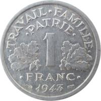 France coin 1 Franc - Heavier (1942 - 1943) reverse reverse of 1 Franc - Heavier (1942 - 1943) coin with KM# 902 from France. Inscription: TRAVAIL · FAMILLE · · PATRIE · 1 · FRANC · 1942