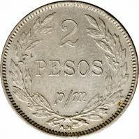 reverse of 2 Pesos - Papel Moneda (1907 - 1914) coin with KM# B279 from Colombia. Inscription: 2 PESOS p/m