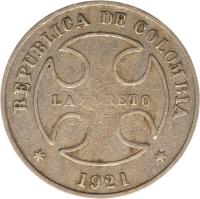obverse of 50 Centavos - Leprosarium Coinage (1921) coin with KM# L13 from Colombia. Inscription: REPUBLICA DE COLOMBIA LAZARETO * 1921 *