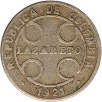 Colombia coin 1 Centavo - Leprosarium Coinage (1921) obverse obverse of 1 Centavo - Leprosarium Coinage (1921) coin with KM# L9 from Colombia. Inscription: REPUBLICA DE COLOMBIA LAZARETO * 1921 *