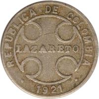 obverse of 1 Centavo - Leprosarium Coinage (1921) coin with KM# L9 from Colombia. Inscription: REPUBLICA DE COLOMBIA LAZARETO * 1921 *