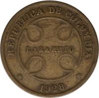 obverse of 50 Centavos - Leprosarium Coinage (1928) coin with KM# L14 from Colombia. Inscription: REPUBLICA DE COLOMBIA LAZARETO * 1928 *