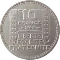 reverse of 10 Francs (1947 - 1949) coin with KM# 909 from France. Inscription: 10 FRANCS 1948 LIBERTE EGALITE FRATERNITE