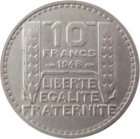 France coin 10 Francs (1947 - 1949) reverse reverse of 10 Francs (1947 - 1949) coin with KM# 909 from France. Inscription: 10 FRANCS 1948 LIBERTE EGALITE FRATERNITE