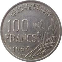 France coin 100 Francs (1954 - 1958) reverse reverse of 100 Francs (1954 - 1958) coin with KM# 919 from France. Inscription: LIBERTE EGALITE FRATERNITE 100 FRANCS 1954 R COCHET B