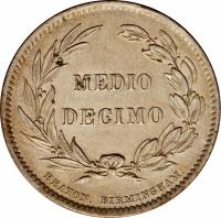 reverse of 1/2 Decimo (1884 - 1886) coin with KM# 49 from Ecuador. Inscription: MEDIO DECIMO HEATON. BIRMINGHAM