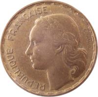 obverse of 50 Francs (1950 - 1958) coin with KM# 918 from France. Inscription: REPUBLIQUE FRANÇAISE G GUIRAUD