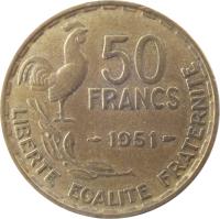 France coin 50 Francs (1950 - 1958) reverse reverse of 50 Francs (1950 - 1958) coin with KM# 918 from France. Inscription: 50 FRANCS 1951 LIBERTE EGALITE FRATERNITE