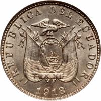 obverse of 10 Centavos (1918) coin with KM# 62 from Ecuador. Inscription: REPUBLICA DEL ECUADOR