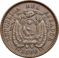 obverse of 1/2 Centavo (1890) coin with KM# 54 from Ecuador. Inscription: REPUBLICA DEL ECUADOR 1890