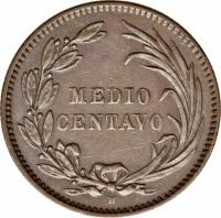 reverse of 1/2 Centavo (1890) coin with KM# 54 from Ecuador. Inscription: MEDIO CENTAVO H