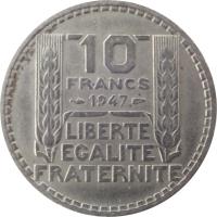 reverse of 10 Francs (1945 - 1947) coin with KM# 908 from France. Inscription: 10 FRANCS 1946 LIBERTE EGALITE FRATERNITE