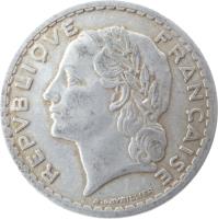 obverse of 5 Francs (1945 - 1952) coin with KM# 888b from France. Inscription: REPUBLIQUE FRANÇAISE A.LAVRILLIER