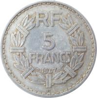 reverse of 5 Francs (1945 - 1952) coin with KM# 888b from France. Inscription: RF 5 FRANCS 1949