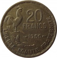 reverse of 20 Francs - GEORGES GUIRAUD (1950) coin with KM# 916 from France. Inscription: 20 FRANCS 1950 LIBERTE EGALITE FRATERNITE