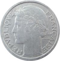 obverse of 2 Francs (1941 - 1959) coin with KM# 886a from France. Inscription: REPUBLIQUE FRANÇAISE MORLON