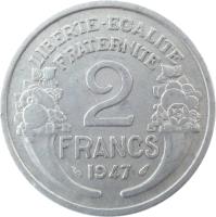 reverse of 2 Francs (1941 - 1959) coin with KM# 886a from France. Inscription: LIBERTE-EGALITE FRATERNITE 2 FRANCS 1958