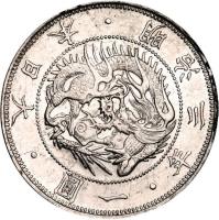 Japan coin 1 Yen - Meiji (1870) reverse reverse of 1 Yen - Meiji (1870) coin with Y# 5 from Japan. Inscription: 年 三 治 明 · 本 日 大 · 圓 一 ·