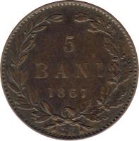Romania coin 5 Bani - Carol I (1867) reverse reverse of 5 Bani - Carol I (1867) coin with KM# 3 from Romania. Inscription: 5 BANI 1867