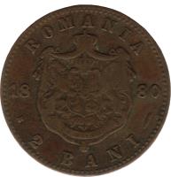 reverse of 2 Bani - Carol I (1879 - 1881) coin with KM# 11 from Romania. Inscription: ROMANIA 18 80 NIHIL SINE DEO 2 BANI