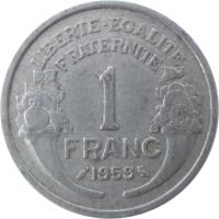 reverse of 1 Franc (1941 - 1959) coin with KM# 885a from France. Inscription: LIBERTE-EGALITE FRATERNITE 1 FRANC 1959