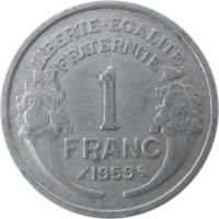 France coin 1 Franc (1941 - 1959) reverse reverse of 1 Franc (1941 - 1959) coin with KM# 885a from France. Inscription: LIBERTE-EGALITE FRATERNITE 1 FRANC 1959