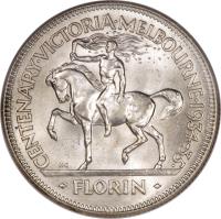 reverse of 1 Florin - George V - Victoria and Melbourne (1934) coin with KM# 33 from Australia. Inscription: CENTENARY · VICTORIA · MELBOURNE · 1934-35 · KG FLORIN