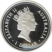 obverse of 1 Dollar - Elizabeth II - Kookaburra Silver Bullion; 3'rd Portrait (1994 - 1995) coin with KM# 260 from Australia. Inscription: ELIZABETH II AUSTRALIA RDM · 1 DOLLAR ·