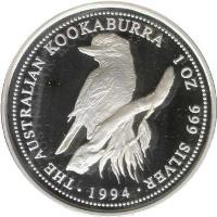 reverse of 1 Dollar - Elizabeth II - Kookaburra Silver Bullion; 3'rd Portrait (1994 - 1995) coin with KM# 260 from Australia. Inscription: THE AUSTRALIAN KOOKABURRA 1OZ 999 SILVER · 1995 ·