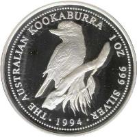 Australia coin 1 Dollar - Elizabeth II - Kookaburra Silver Bullion; 3'rd Portrait (1994 - 1995) reverse reverse of 1 Dollar - Elizabeth II - Kookaburra Silver Bullion; 3'rd Portrait (1994 - 1995) coin with KM# 260 from Australia. Inscription: THE AUSTRALIAN KOOKABURRA 1OZ 999 SILVER · 1995 ·