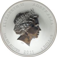 obverse of 1 Dollar - Elizabeth II - Lunar Year: Year of the Rabbit - Lunar Year Silver Bullion; 4'th Portrait (2011) coin with KM# 1475 from Australia. Inscription: ELIZABETH II AUSTRALIA IRB 1oz 999 SILVER 2011 1 DOLLAR