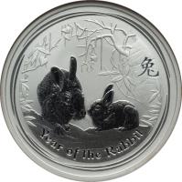 Australia coin 1 Dollar - Elizabeth II - Lunar Year: Year of the Rabbit - Lunar Year Silver Bullion; 4'th Portrait (2011) reverse reverse of 1 Dollar - Elizabeth II - Lunar Year: Year of the Rabbit - Lunar Year Silver Bullion; 4'th Portrait (2011) coin with KM# 1475 from Australia. Inscription: 兔 Year of the Rabbit P