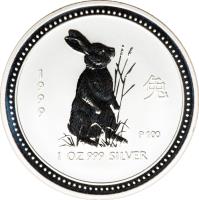 Australia coin 1 Dollar - Elizabeth II - Lunar Year: Year of the Rabbit - Lunar Year Silver Bullion; 4'th Portrait (1999) reverse reverse of 1 Dollar - Elizabeth II - Lunar Year: Year of the Rabbit - Lunar Year Silver Bullion; 4'th Portrait (1999) coin with KM# 502 from Australia. Inscription: 1 9 9 9 P100 1 OZ 999 SILVER