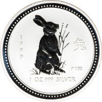 reverse of 1 Dollar - Elizabeth II - Lunar Year: Year of the Rabbit - Lunar Year Silver Bullion; 4'th Portrait (1999) coin with KM# 502 from Australia. Inscription: 1 9 9 9 P100 1 OZ 999 SILVER