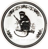 Australia coin 1 Dollar - Elizabeth II - Lunar Year: Year of the Monkey - Lunar Year Silver Bullion; 4'th Portrait (2004) reverse reverse of 1 Dollar - Elizabeth II - Lunar Year: Year of the Monkey - Lunar Year Silver Bullion; 4'th Portrait (2004) coin with KM# 674 from Australia. Inscription: 2 0 0 4 1 OZ 999 SILVER