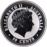 Australia coin 50 Cents - Elizabeth II - Lunar Year: Year of the Dragon - Lunar Year Silver Bullion (2000) obverse obverse of 50 Cents - Elizabeth II - Lunar Year: Year of the Dragon - Lunar Year Silver Bullion (2000) coin with KM# 522 from Australia. Inscription: ELIZABETH II AUSTRALIA IRB · 50 CENTS ·