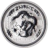 reverse of 50 Cents - Elizabeth II - Lunar Year: Year of the Dragon - Lunar Year Silver Bullion (2000) coin with KM# 522 from Australia. Inscription: 龍 2 0 0 0 1/2 OZ 999 SILVER