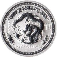 Australia coin 50 Cents - Elizabeth II - Lunar Year: Year of the Dragon - Lunar Year Silver Bullion (2000) reverse reverse of 50 Cents - Elizabeth II - Lunar Year: Year of the Dragon - Lunar Year Silver Bullion (2000) coin with KM# 522 from Australia. Inscription: 龍 2 0 0 0 1/2 OZ 999 SILVER