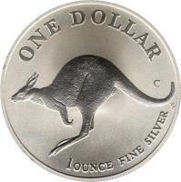 Australia coin 1 Dollar - Elizabeth II - Kangaroo - Kangaroo Silver Bullion; 3'rd portrait (1998) reverse reverse of 1 Dollar - Elizabeth II - Kangaroo - Kangaroo Silver Bullion; 3'rd portrait (1998) coin with KM# 365 from Australia. Inscription: ONE DOLLAR C HH 1OUNCE FINE SILVER
