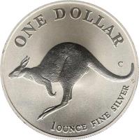 reverse of 1 Dollar - Elizabeth II - Kangaroo - Kangaroo Silver Bullion; 3'rd portrait (1998) coin with KM# 365 from Australia. Inscription: ONE DOLLAR C HH 1OUNCE FINE SILVER