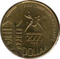 Australia coin 1 Dollar - Elizabeth II - XVIII Commonwealth Games - 4'th Portrait (2006) reverse reverse of 1 Dollar - Elizabeth II - XVIII Commonwealth Games - 4'th Portrait (2006) coin with KM# 804 from Australia. Inscription: XVIII COMMONWEALTH GAMES M MELBOURNE 2006 1 DOLLAR