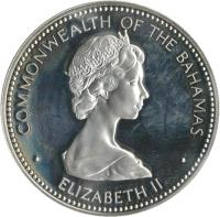 obverse of 10 Dollars - Elizabeth II - Independence Day (1973) coin with KM# 42 from Bahamas. Inscription: COMMONWEALTH OF THE BAHAMAS · ELIZABETH II ·