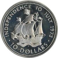 Bahamas coin 10 Dollars - Elizabeth II - Independence Day (1973) reverse reverse of 10 Dollars - Elizabeth II - Independence Day (1973) coin with KM# 42 from Bahamas. Inscription: INDEPENDENCE 10 JULY 1973 · 10 DOLLARS ·