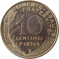 France coin 10 Centimes (1962 - 2001) reverse reverse of 10 Centimes (1962 - 2001) coin with KM# 929 from France. Inscription: LIBERTE · EGALITE · FRATERNITE · 10 CENTIMES 1974 A. DIEUDONNE